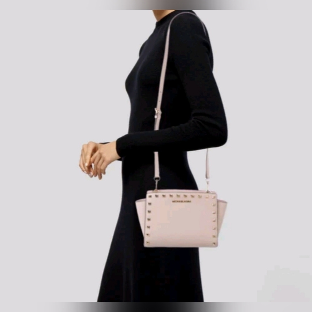 Michael Kors Selma Leather Cross Body Purse, Blush Pink, Gold Studs, Designer